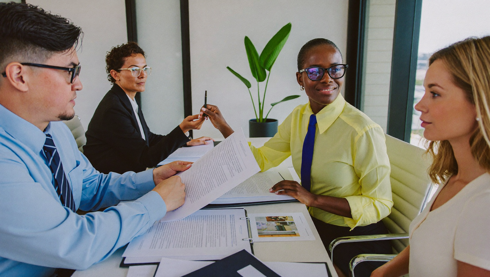 Advertising specialists advising business clients in an office